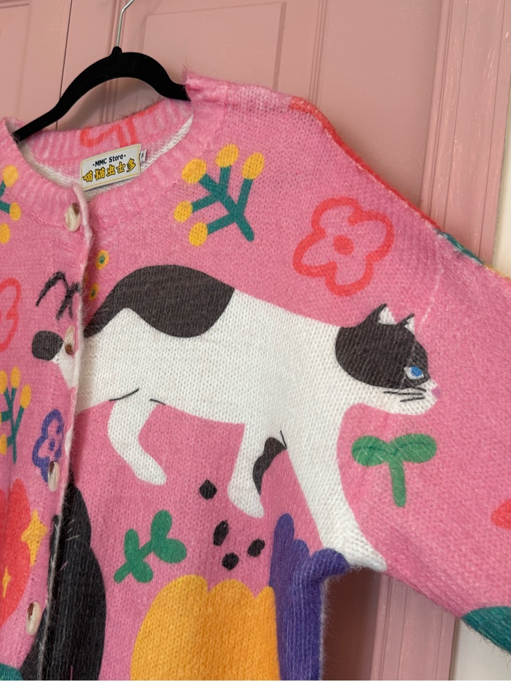 Whimsical Pink Cat-Print Crewneck Sweater - Picture 3 of 5